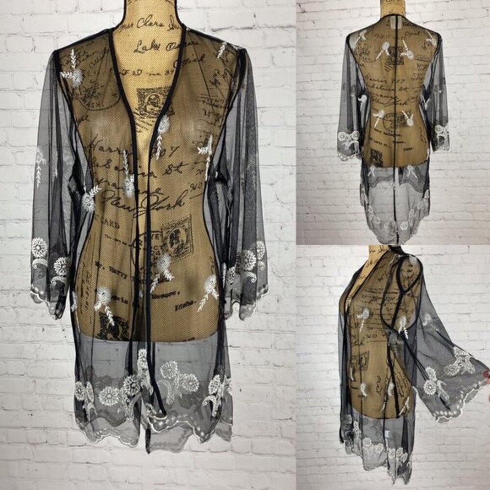 Haute Project Black Sheer Embroidered High Lo Open Front Kimono